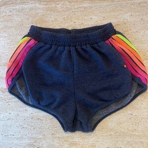 Aviator Nation Navy Shorts with Rainbow Stripes